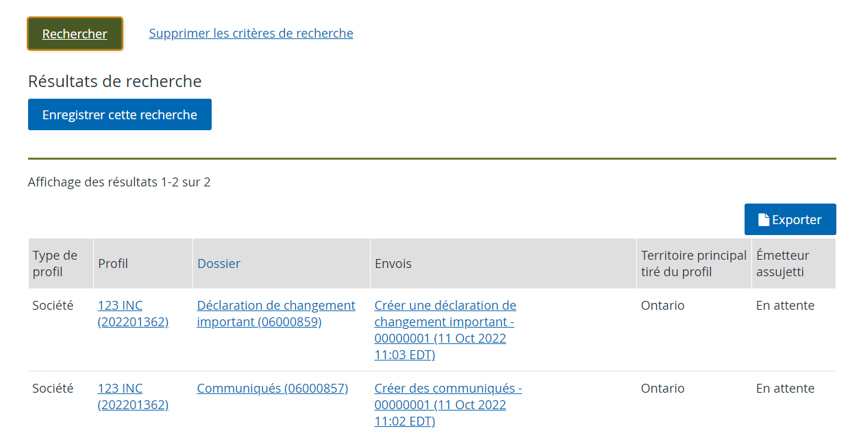 Criteres de recherche et resultats