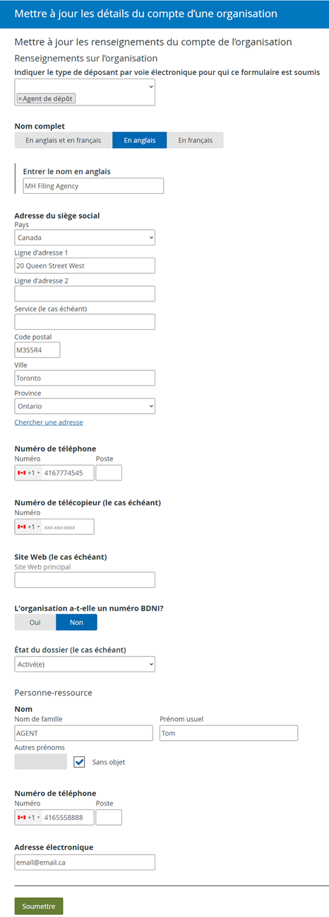 Mettre à jour les renseignements du compte de l'organisation